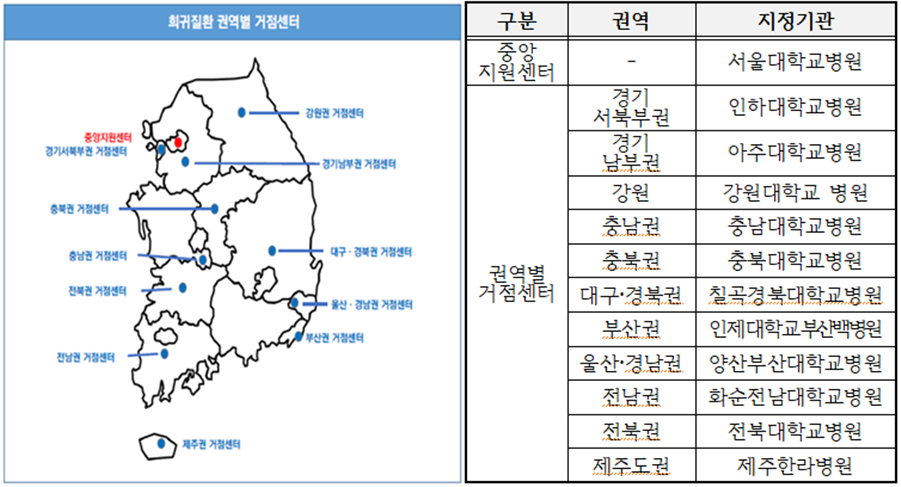 2019-2020 권역별 희귀질환 거점센터 지정 현황 이미지